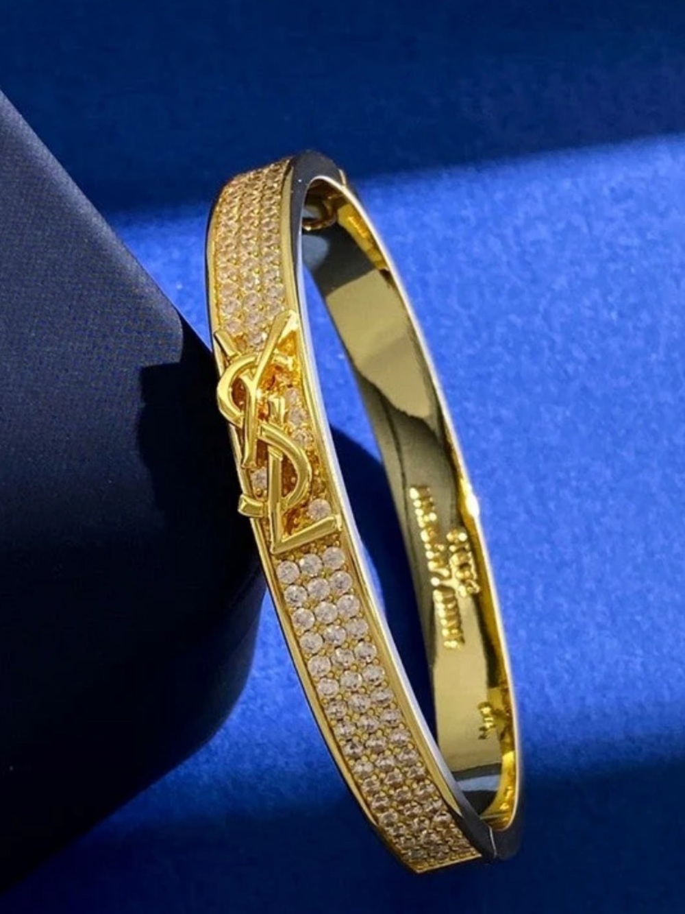 Gold Paved Crystal Hinged YSL Bangle Bracelet - Yellow Gold